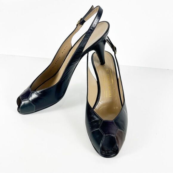 Vintage Bruno Magli Patchwork Leather Slingback Heels Peep Toe Buckle 8.5 AA - Picture 2 of 13